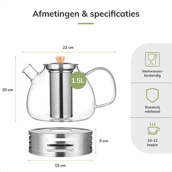Deleca Glazen Theepot met Filter en Theelicht Warmhouder Set - Borosilicaat Glas - RVS Zeef - Kerst Cadeau - Voor Losse Thee / Theebloemen - 1.5L