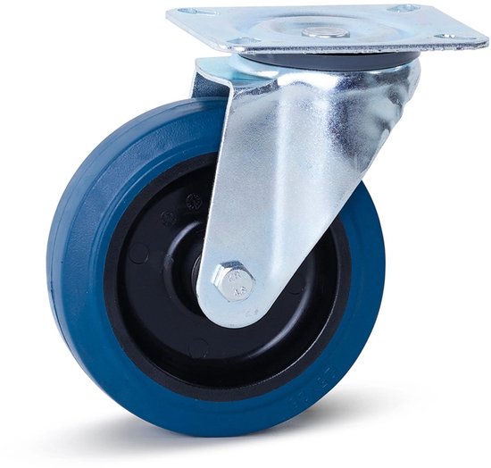 Blauw elastisch rubber zwenkwiel met topplaat - 125mm - 180kg