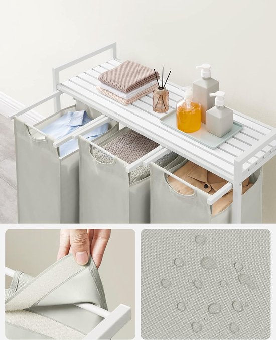VASAGLE - Wasmand, mand voor vuile was, met 3 vakken en 3 verwijderbare zakken van Oxford-stof, werkblad, metalen frame - 3 x 38 liter, 92,5 x 33 x 72 cm, wit BLH301W01