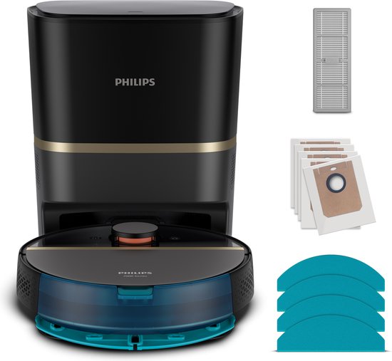 Philips HomeRun Aqua 7000 Series XU7100/01 - Robotstofzuiger met Dweilfunctie - Incl. Laadstation - Zwart / Goud - App Connected