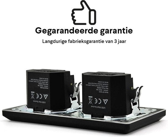 Homra Brock Dubbel USB Stopcontact Zwart - Inbouw Wandcontactdoos - Glanzend Kunststof - Zwarte Wanddoos - Contactdoos - 5.600mA - 220 volt - USB Oplader - Snel Opladen - Fast Charge - Randaarde - 80x80mm