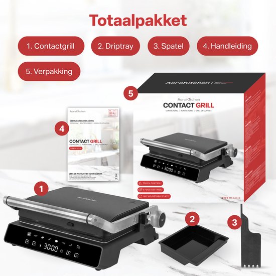AoraKitchen Contactgrill - 180º Uitklapbaar - Grill Apparaat met Uitneembare Platen - 7 Standen - Tosti en Panini Ijzer - 2000W