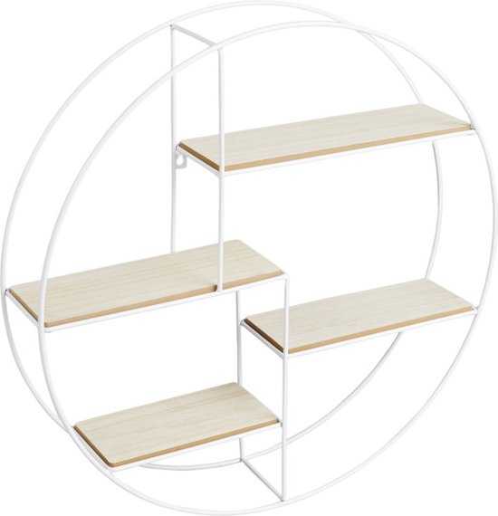 LIFA LIVING Wandrek Ronda - Wandplank Industrieel - Metaal en MDF Hout - 4 Planken - Rond Kruidenrek - Wit - Voor Keuken, Slaapkamer, Woonkamer - 55 x 11 x 55 cm