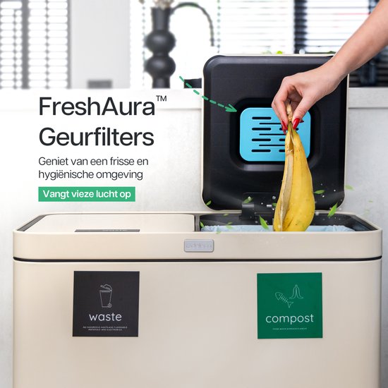 Deleca Recycle Prullenbak - 2 Vakken - 60 Liter (2x30) - Statiegeld container - Pedaalemmer - FreshAura Geurbestrijding - RVS Crème Wit