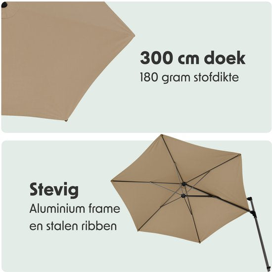 LifeGoods Parasol - Ø300 cm - 30° Kantelbaar - One-push Systeem - Waterdicht - met Hoes - Taupe
