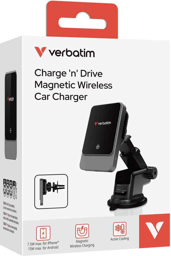 Verbatim – Charge 'n' Drive Magnetische Draadloze Auto Oplader – CND-03 – 15 W Qi Snel Laden – Voorzien Van Ice-Cooling Systeem En RGB Verlichting En 360 Graden Draaifunctie – Voor Dashboard En Ventilatierooster – Zwart Metaal En Kunststof