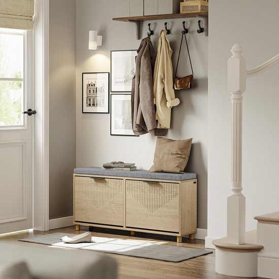 SoBuy - Schoeiselbank met opbergruimte - Licht eiken - 100x24x50 cm - 2 deuren - Max. belasting 237 kg