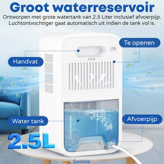 Swinkle Luchtontvochtiger 2.5L – Ontvochtigt tot 1L per dag – Dehumidifier met Ionisator & 7-Kleuren LED – Stil & Energiezuinig – Voor Slaapkamer, Badkamer & Woonkamer – Wit
