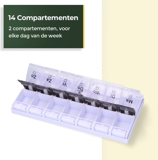 Gandria Pillendoos 7 Dagen - Pillendoosje - Pillesdoosjes met 14 Compartimenten - Medicijndoos met Stevige Sluiting - Grote vakken - Zwart/Wit