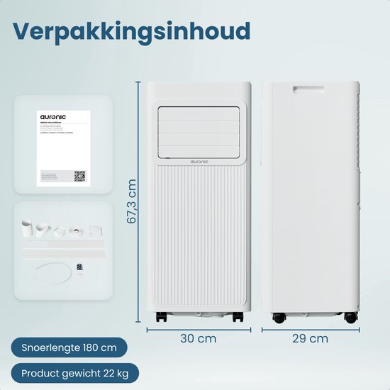 Auronic Mobiele Airco - 9.000 BTU - 3-in-1 - Airconditioning met 2 Raamafdichtingskits - Ventilator - Ontvochtiger - tot 25m² koelen - Wit