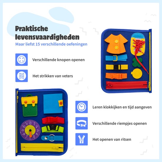 MontiPlay® Montessori Speelgoed - Sensorisch Speelgoed - Activiteitenbord - Busy Board - Montessori activiteitenboek voor thuis - Educatief - Sensomotorisch Speelgoed - Blauw