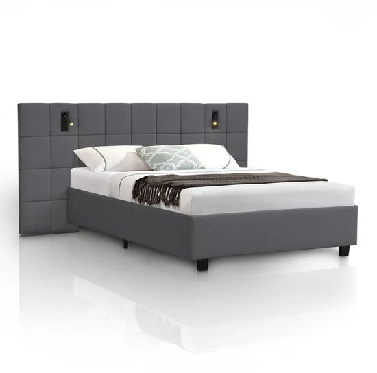 Juskys – Polsterbed Luzano – 140 x 200 cm – Voorzien Van LED-Leeslampjes En Gecapitonneerd Hoofdbord – Voor Slaapkamer En Logeerkamer – Donkergrijs Fluweel