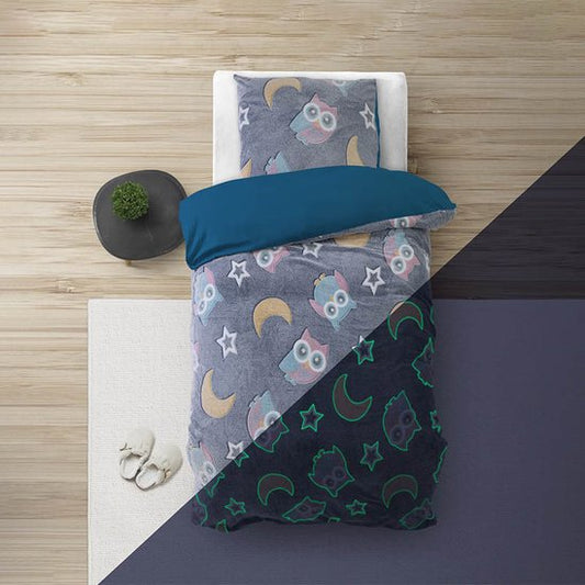 Sleeptime Glow in the dark Nachtuil Dekbedovertrek - 140X200/220 + 1 x kussensloop 60x70 - Blauw