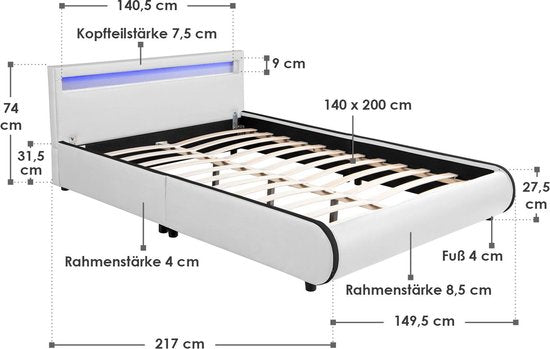Juskys Gestoffeerd bed Sevilla - 140 x 200 cm - Wit - LED Verlichting