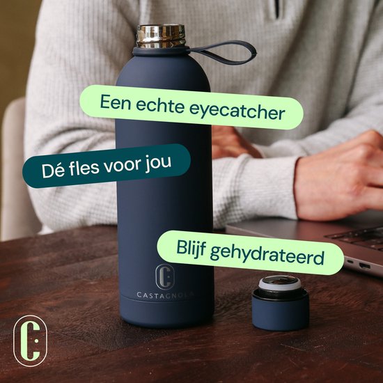 Castagnola Waterfles - RVS Drinkfles 500 ML - Stalen Thermosfles - Drinkflessen voor Volwassenen - Dubbelwandig - Donkerblauw