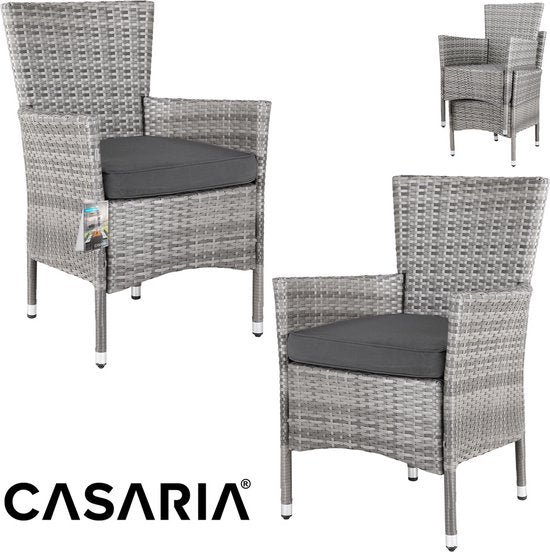 Casaria Polyrattan Tuinstoel - 2 Stuks Stapelbaar & Kussens - Grijs