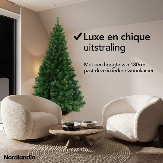 Nordlandia Kunstkerstboom - 180 cm - Realistische Kunststof Kerstboom - Metalen Standaard - Zonder Verlichting - Groen