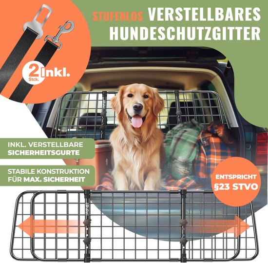LovPet® Hondenrek Auto, Universele Auto Afscheiding, Verstelbare Breedte, Hoofdsteun Bagagerek Kofferbak Bescherming Afmetingen HxB 30 x 91-153 cm , + 2x Veiligheidsriem voor Honden - Zwart
