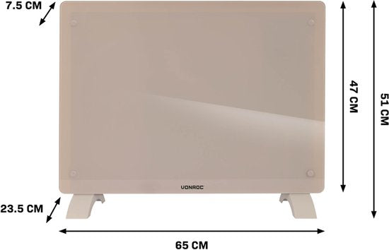 VONROC Luxe elektrische kachel - Convectorkachel met glazen paneel – 750W/1500W - Verwarmt ruimtes tot 18m2 - Bediening zowel met app (via Wifi) als handmatig – Instelbare thermostaat en timer - Beige