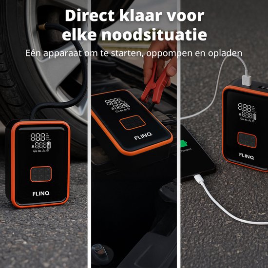 FlinQ 12V Jumpstarter voor Auto & Motor - 4-in-1 Luchtcompressor, LED Zaklamp, SOS Noodlicht & Powerbank - Elektrische Bandenpomp - Starthulp - Incl Opbergtas