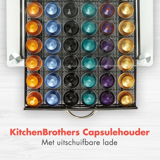 KitchenBrothers Capsulehouder - met Lade - Nespresso - 60 Cups - Glas - RVS/Zwart