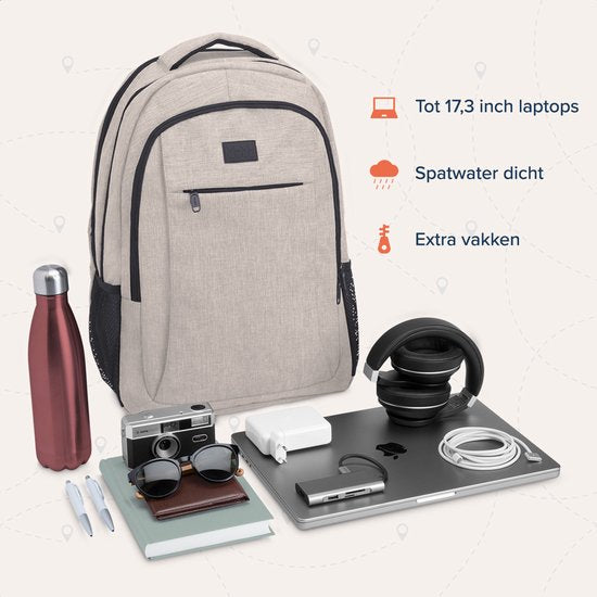 TRVLMORE Rugtas - 36L - 17,3 Inch - Laptop Rugzak met USB - Schooltas - Heren en Dames - Tas Champagne