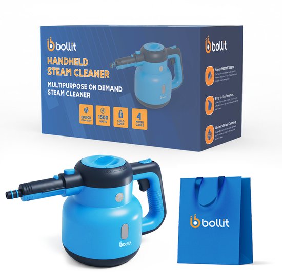 BOLLIT 1500W Stoomreiniger - Handstomer - Vlekkenreiniger - Handstoomreiniger - Tapijtreiniger - Steam Cleaner - Stoomreinigers - Incl. Opbergtas - Krachtig Stoomapparaat - Vloer, Bank, Tapijt Badkamer & Keuken