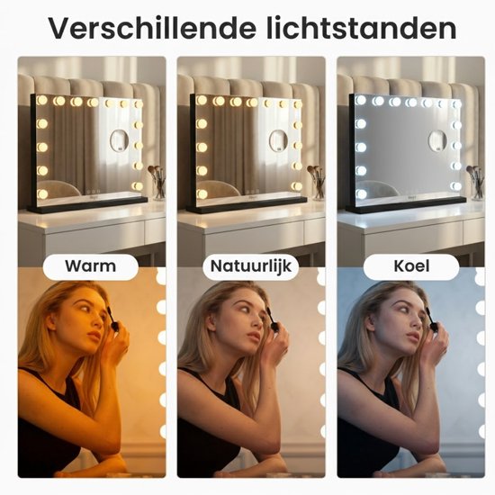 Bayt Hollywood Spiegel met verlichting - Make Up Spiegel met Verlichting - Spiegel Met Verlichting - Dimbaar - 10x Vergroting - 58x46cm - Zwart