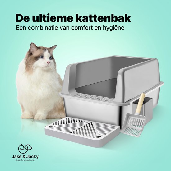 Jake and Jacky RVS Kattenbak - Kattentoilet Roestvrijstaal - Open Kattenbak - Incl. Kattenbakschep met Houder en Gritopvang Opstapje - 60x40x30cm