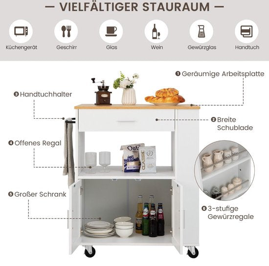 Coast Keukenwagen – Met 3 Kruidenplanken & Wieltjes – 75 x 46 x 92 cm – Wit