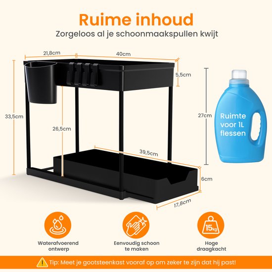 Posity Gootsteenkast Organizer - Keukenkastje Organizer - Schuiflade - Kast Organizer - Badkamer Organizer - Aanrecht Organiser - 1 Uitschuifbare Lade - Zwart