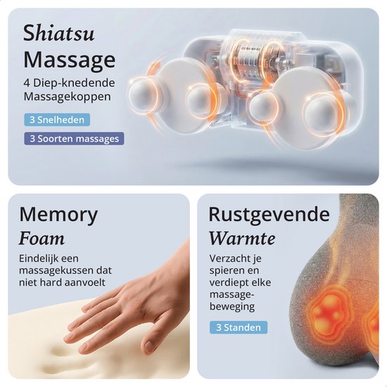 Lifeproducts Massagekussen met Memory Foam - Nekmassage Apparaat - Rug Massageapparaat - Massage voor Nek en Rug - Shiatsu Nek Massage Apparaat met Warmtefunctie