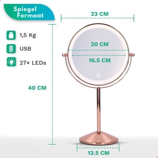 Mirlux Make Up Spiegel met LED Verlichting - 10x Vergroting Licht – Scheerspiegel Klein Op Voet - 3 Lichtstanden - Oplaadbaar - Vergrootspiegel Rosé Goud