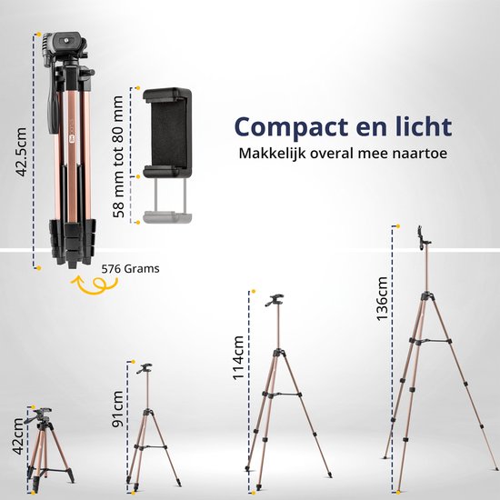 Studio ME Telefoon Statief - 136 cm - Tripod Smartphone - Rosegoud - Camera Statief - Telefoonhouder - Incl. Bluetooth Afstandsbediening - Statief Telefoon