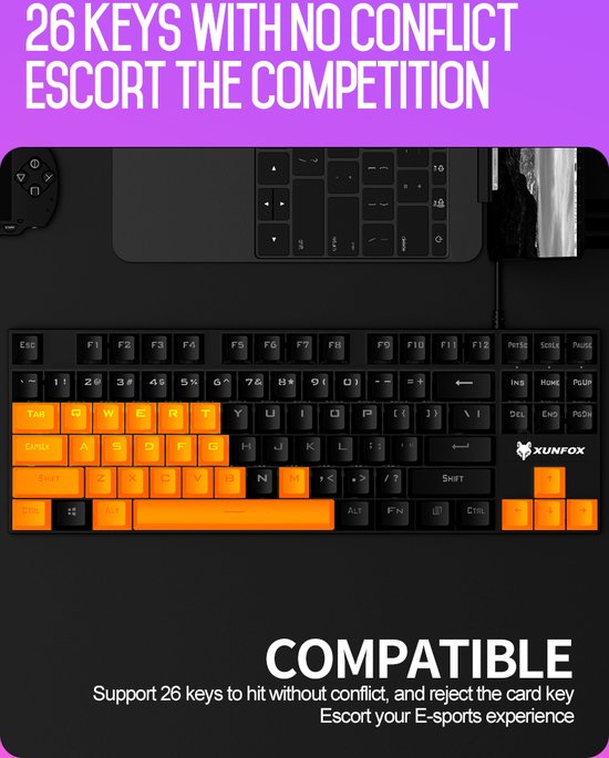XUNFOX K80 RGB mechanisch 87keys TKL gaming toetsenbord - Blue Switch - Mechanical Keyboard - QWERTY - Anti-ghosting - Zwart/Grijs