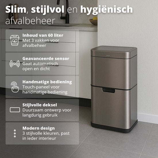 FlinQ Senzaro - 60L Prullenbak Afvalscheiding - Vuilnisbak - Afvalscheidingsprullenbak - Afvalemmer - Bewegingssensor - Stainless