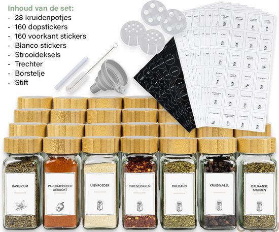 Budu Kruidenpotjes Vierkant - 28 stuks - Met Deksel - Kruidenstrooier - Incl. Stickers, Blanco Labels, Krijtstift & Accessoires - Kruiden potjes
