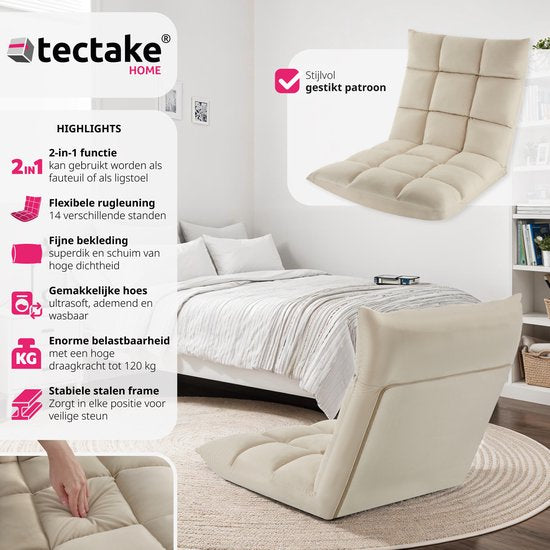 tectake® Relaxstoel XXL – Opvouwbare Vloerstoel – Verstelbare Rugleuning – Relax- & Meditatiestoel – Beige