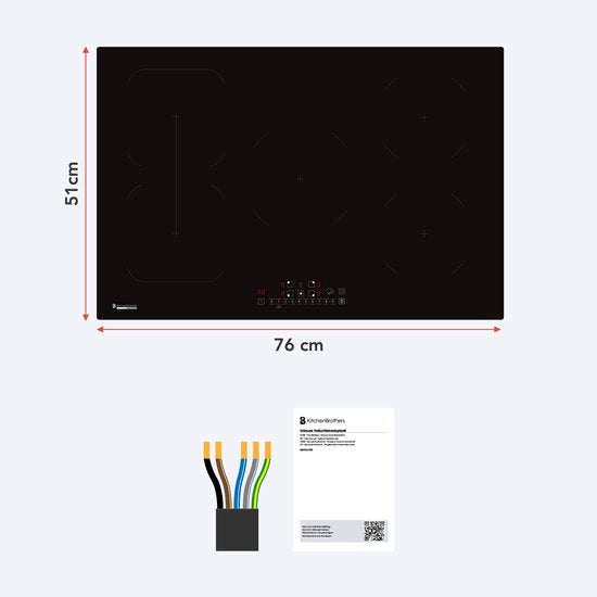 KitchenBrothers Inductie Kookplaat - Inbouw Inductieplaat - 80 cm - 1 Flexzone + 3 Zones - 1 en 2 Fase - Zwart