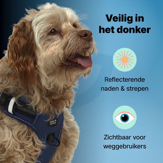 Jake and Jacky Hondentuigje - Anti-Trek Tuig - Hondenharnas - Y Tuig Hond - Reflecterend - Blauw - Maat M
