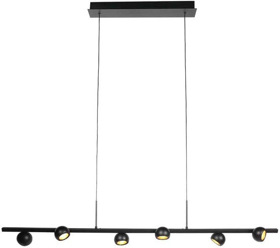 Zwarte hanglamp Marcadore 120cm breed 6 lichts met draaibare reflector kogels, verstelbaar in hoogte, van Steinhauer van kunststof en metaal, modern retro stijl, voor binnen gebruik