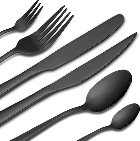 Deleca 8 Persoons Bestekset Essential (48-delig) - Lepels, Messen, Vorken, Steakmessen & Gebaksvorkjes - Vaatwasserbestendig Bestek - Glanzend Zwart / Edelstaal