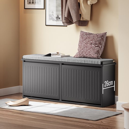 SoBuy Schoenenbank met Gevoerd Kussen - Schoenenkast met 2 Kleppen - Opbergkast voor schoenen - Zwart, 100x26x46 cm, FSR98-XL-SCH