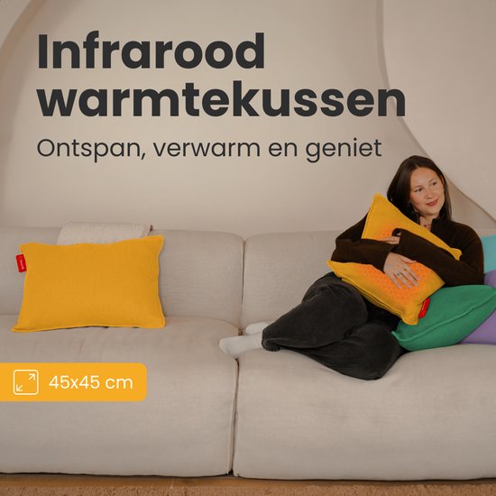 Auronic Warmtekussen - Gebreid - 45x45 - Draadloos - Oplaadbaar - Elektrisch kussen - Infrarood - Geel