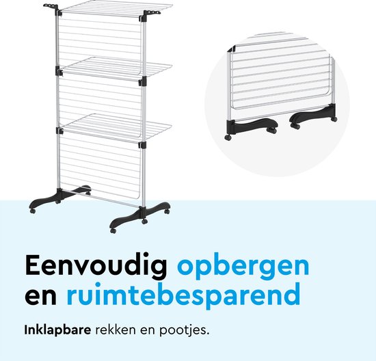 BRASQ Droogtoren Inklapbaar 3 Lagen - Drooglengte 36 Meter - Wasrek met Wieltjes en houders - Droogrek - Wastoren 77x73x140 cm