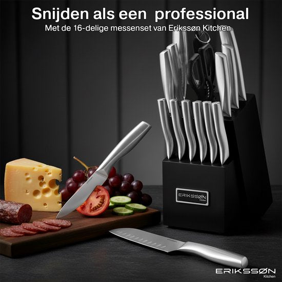 Erikssøn Kitchen Messenset - Messenblok - 16 Delig - Met Blok, Messenslijper En Schaar - Krasbestendig - 3Cr13 RVS - Zilver
