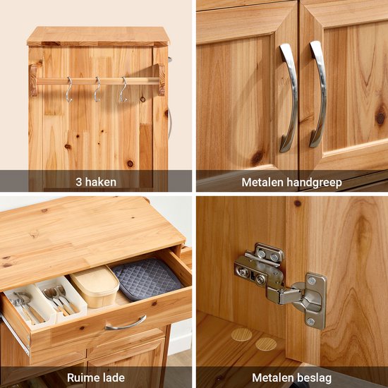 SoBuy Keukentrolley met Lades en Wijnrek, Keukenmeubel op Wieltjes met Werkblad, Compact Kookeiland, Natuurlijke kleur, 66×38×86 cm - FKW45-N