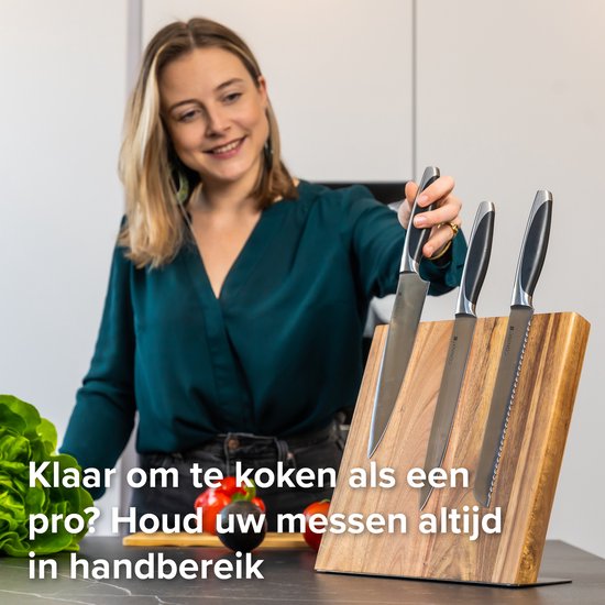Groot Houten Messenblok Magnetisch Coninx Quin XL 27.5x27.5CM | Messenmagneet zonder messen | Messenhouder | Antislip - RVS-Acacia hout.