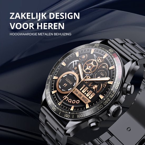 Maoo Titan AMOLED Smartwatch Heren – 45 mm – Stainless Steel & 2 TPU Bandjes – Multisport – Hartslagmeter, Slaapmonitor & Stappenteller – iOS/Android – Zwart