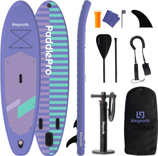 LifeGoods SUP Board Allround Compact - 100 KG Draagkracht - 300 x 76 cm - Opblaasbaar - Compleet SUP pakket - Paars